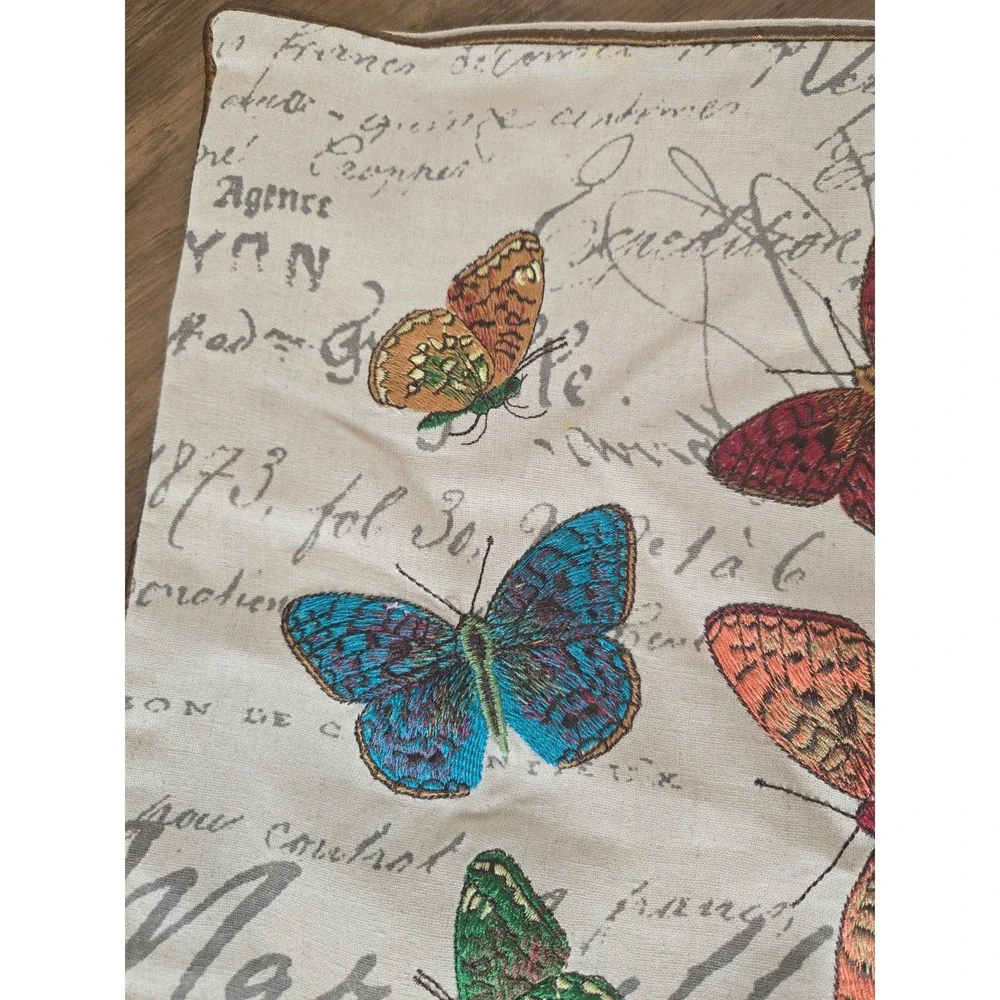 Pier 1 French Script Embroidered Butterfly Pillow Cover 17x17 Zipper No Insert